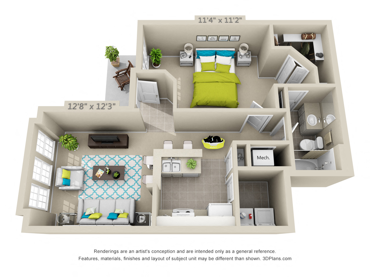 Floor plan for 1 bed, 1 bath, 779 sqft
